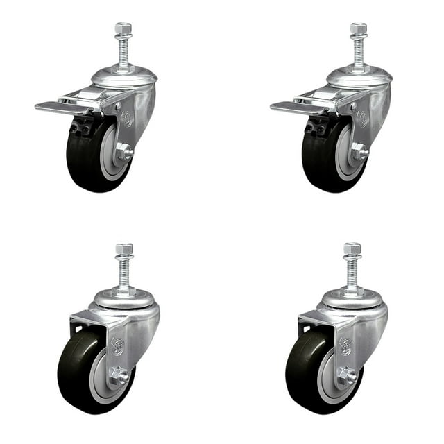 3.5 Inch SS Black Poly 10mm Threaded Stem Caster Set 2 Total Lock Brake SCC