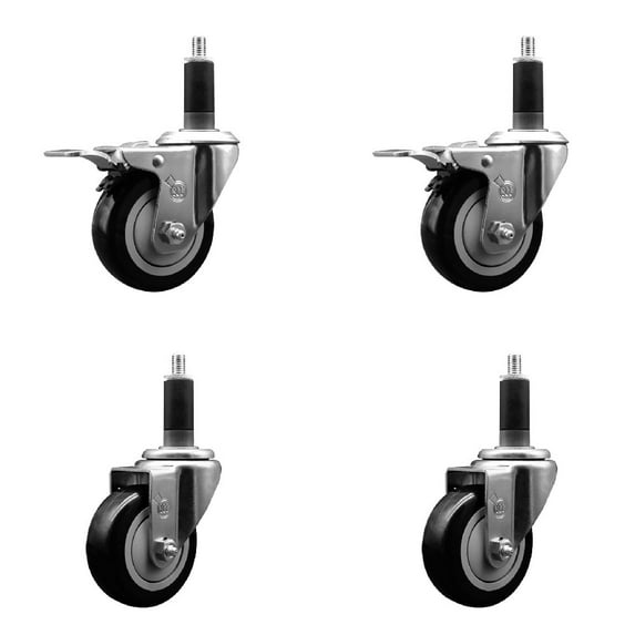 3.5 Inch SS Black Poly Swivel 1-1/8 Inch Expanding Stem Caster Set 2 Brakes