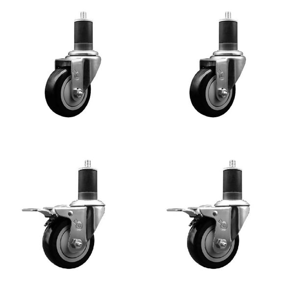 3.5 Inch SS Black Poly Swivel 1-5/8 Inch Expanding Stem Caster Set 2 Brakes