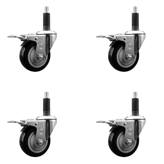 3.5 Inch SS Black Poly Swivel 1 Inch Expanding Stem Caster Set Total Lock Brake