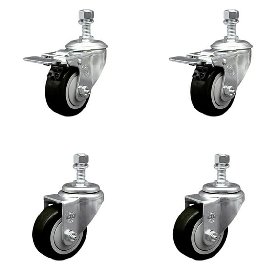 3.5 Inch SS Black Poly Swivel ½ Inch Threaded Stem Caster Set 2 Total Lock Brake
