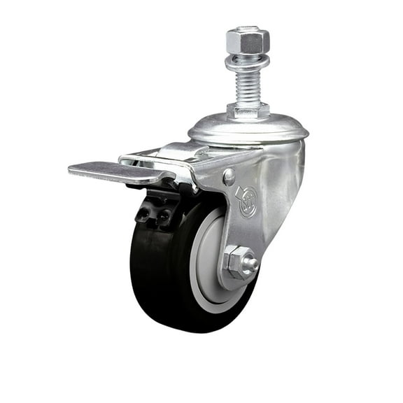 3.5 Inch SS Black Polyurethane 12mm Threaded Stem Caster Total Lock Brake