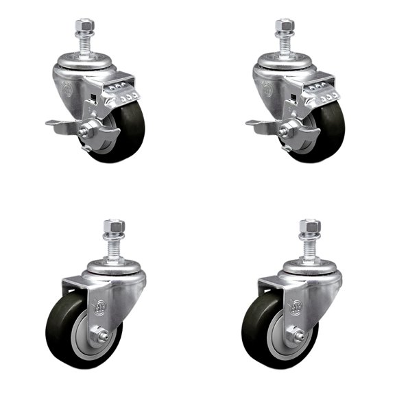3.5 Inch SS Black Polyurethane Swivel 12mm Threaded Stem Caster Set 2 Brakes