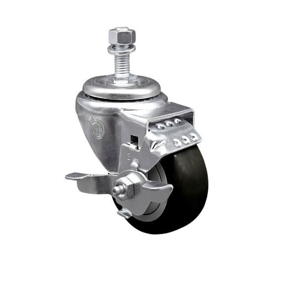 3.5 Inch SS Black Polyurethane Swivel 12mm Threaded Stem Caster with Brake