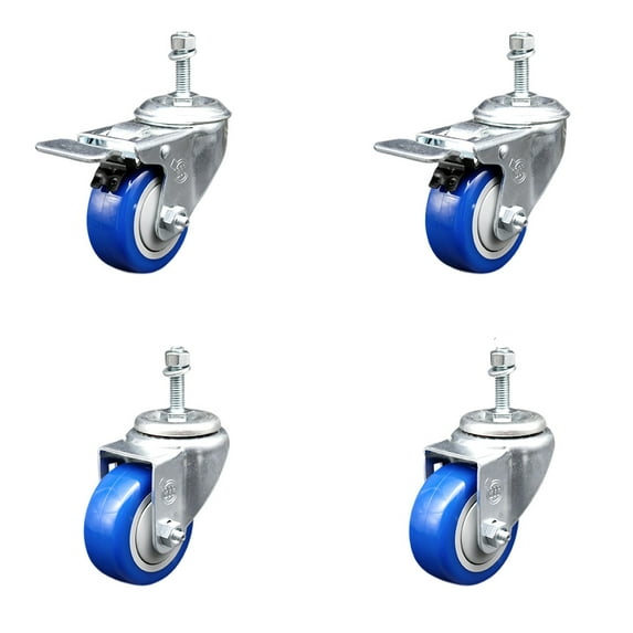 3.5 Inch SS Blue Poly 10mm Threaded Stem Caster Set 2 Total Lock Brake SCC