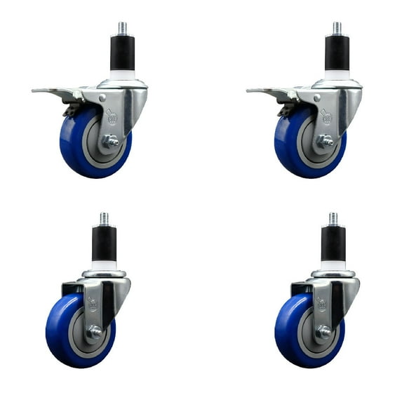 3.5 Inch SS Blue Poly Swivel 1-1/2 Inch Expanding Stem Caster Set 2 Brakes
