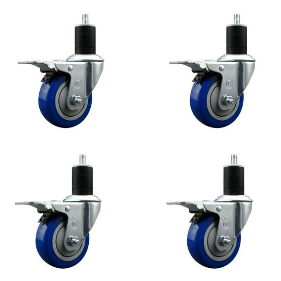 3.5 Inch SS Blue Poly Swivel 1-3/4 Inch Expanding Stem Caster Set Brake