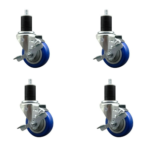 3.5 Inch SS Blue Poly Swivel 1-3/4 Inch Expanding Stem Caster Set with Brake SCC