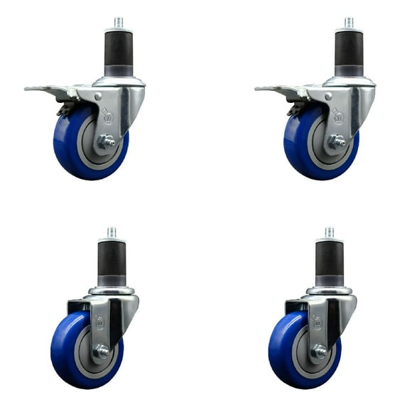 3.5 Inch SS Blue Poly Swivel 1-5/8 Inch Expanding Stem Caster Set 2 Brakes