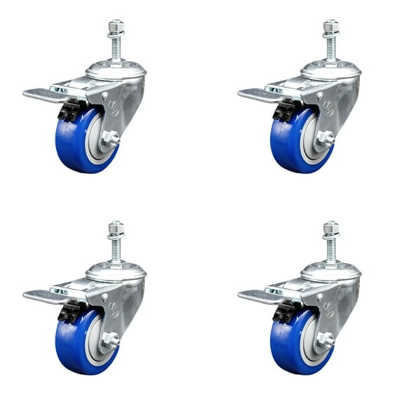 3.5 Inch SS Blue Poly Swivel 10mm Threaded Stem Caster Set Total Lock Brake