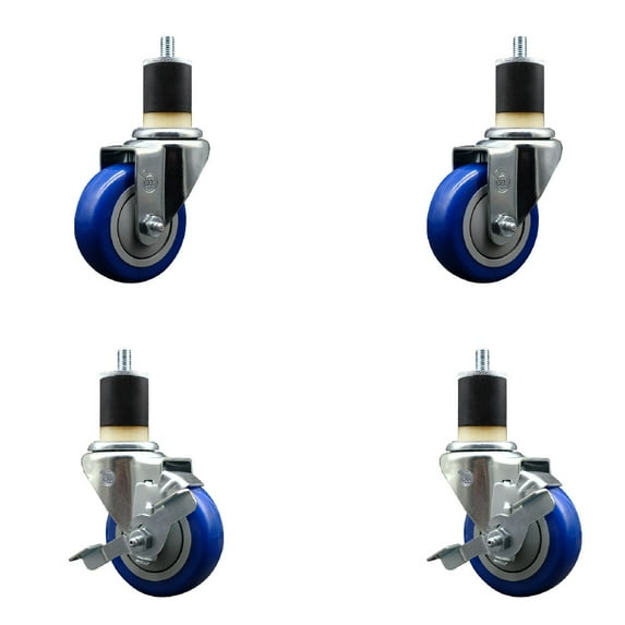 3.5” SS Blue Poly Wheel Swivel 1-7/8 Inch Expanding Stem Caster Set 2 Brakes
