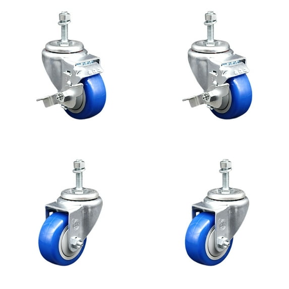 3.5 Inch SS Blue Polyurethane Swivel 3/8 Inch Threaded Stem Caster Set 2 Brakes