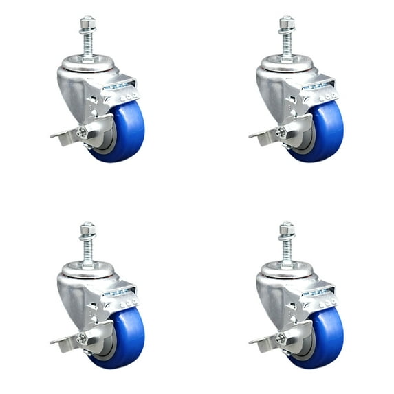 3.5 Inch SS Blue Polyurethane Swivel 3/8 Inch Threaded Stem Caster Set Brake
