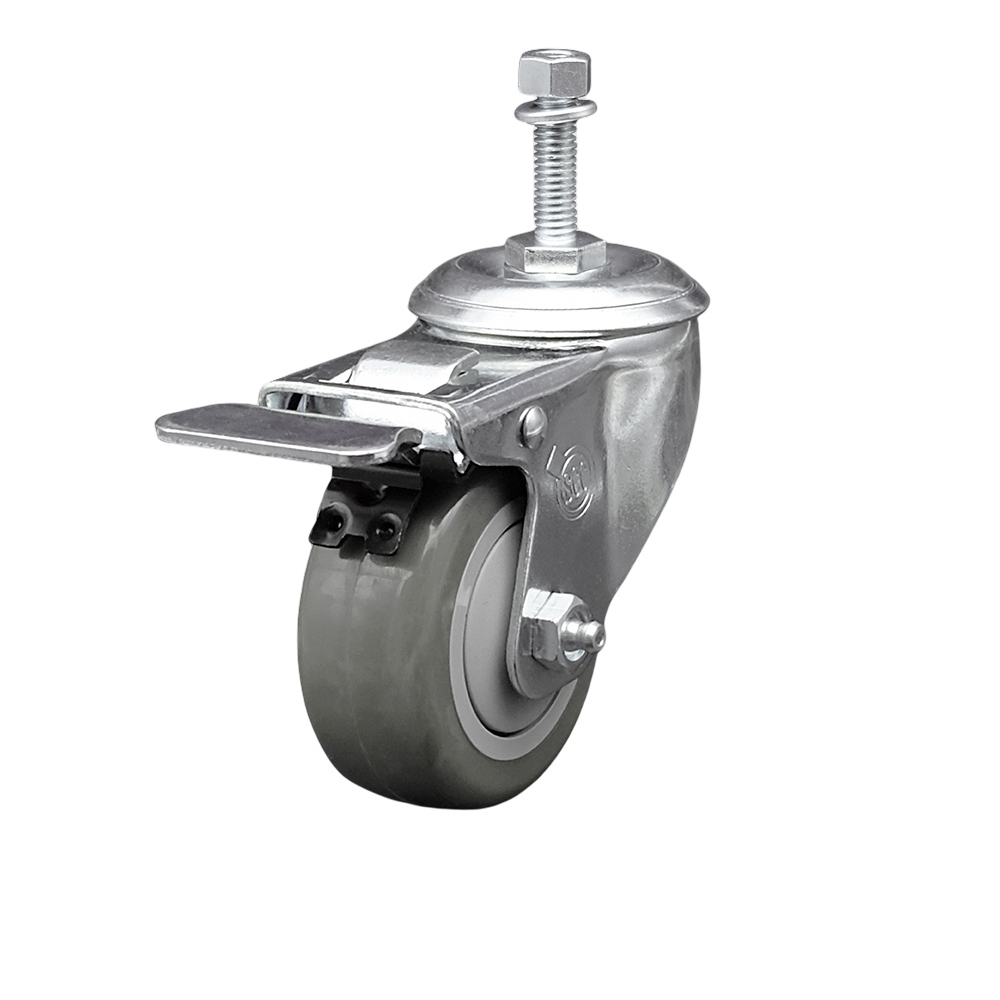 3.5 Inch SS Gray Polyurethane 3/8 Inch Threaded Stem Caster Total Lock Brake SCC