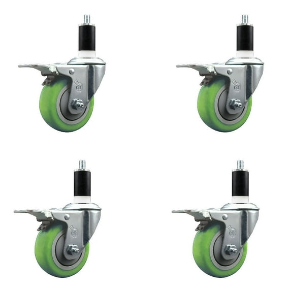 3.5 Inch SS Green Poly Swivel 1-3/8 Inch Expanding Stem Caster Set Brake