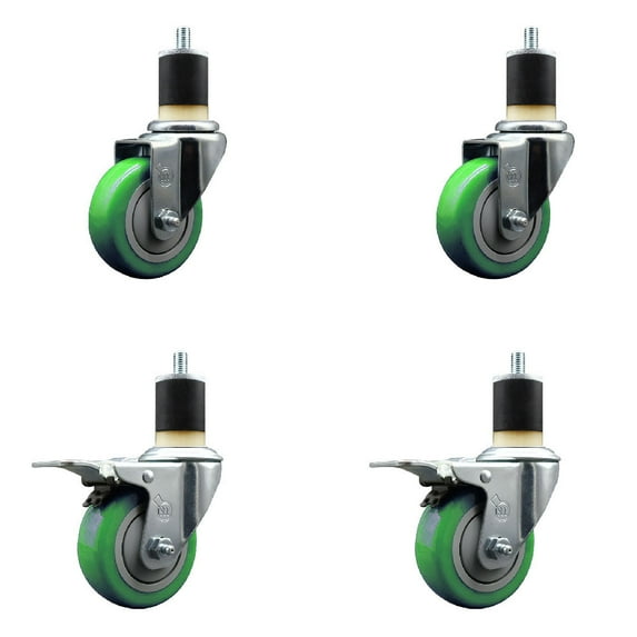 3.5 Inch SS Green Poly Swivel 1-7/8 Inch Expanding Stem Caster Set 2 Brakes