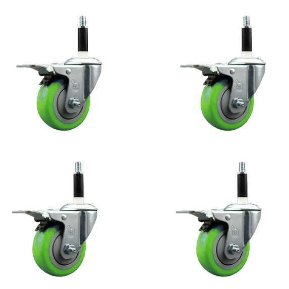 3.5 Inch Green Poly Swivel 7/8 Inch Expanding Stem Caster Set Total Lock Brake
