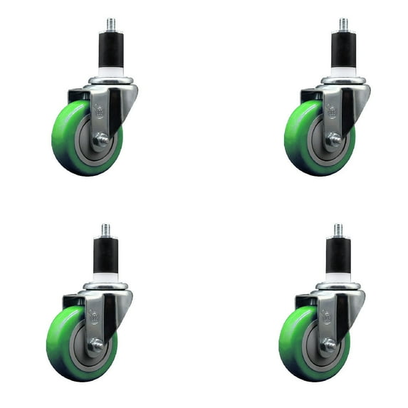3.5 Inch SS Green Poly Wheel Swivel 1-1/2 Inch Expanding Stem Caster Set SCC
