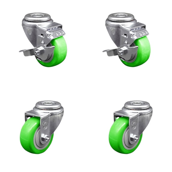 3.5 Inch SS Green Polyurethane Wheel Swivel Bolt Hole Caster Set with 2 Brake