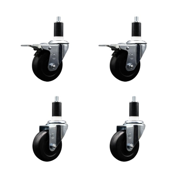 3.5 Inch SS Hard Rubber Swivel 1-3/8 Inch Expand Stem Caster Set 2 Brakes