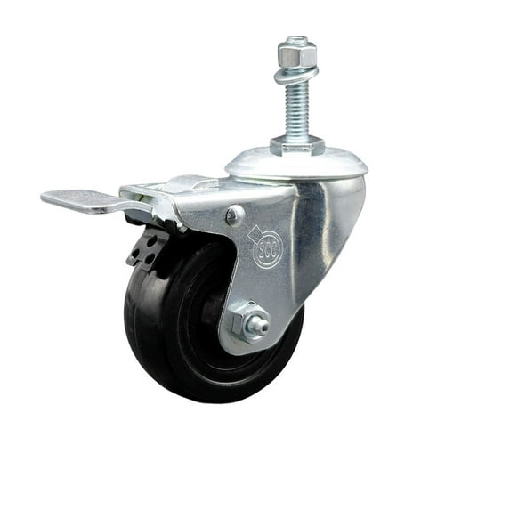 3.5 Inch SS Hard Rubber Swivel 3/8 Inch Threaded Stem Caster Total Lock Brake