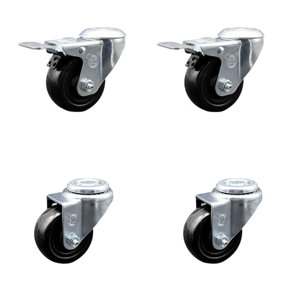 3.5 Inch SS Hard Rubber Swivel Bolt Hole Caster Set with 2 Total Lock Brakes SCC