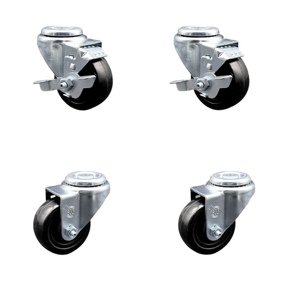 3.5 Inch SS Hard Rubber Wheel Swivel Bolt Hole Caster Set with 2 Brakes SCC