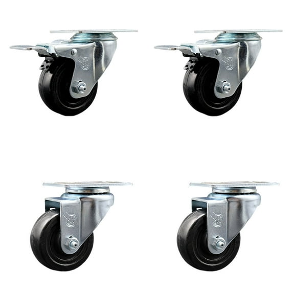3.5 Inch SS Hard Rubber Wheel Swivel Top Plate Caster Set 2 Total Lock Brake SCC