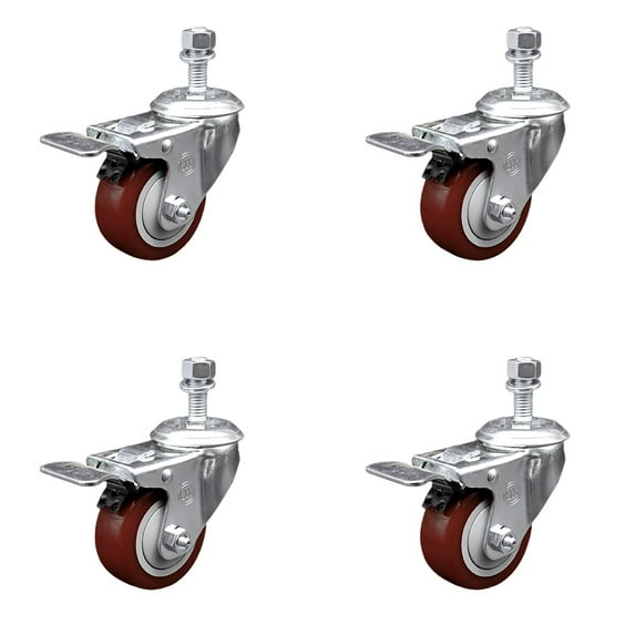 3.5 Inch SS Maroon Poly 12mm Threaded Stem Caster Set Total Lock Brake SCC