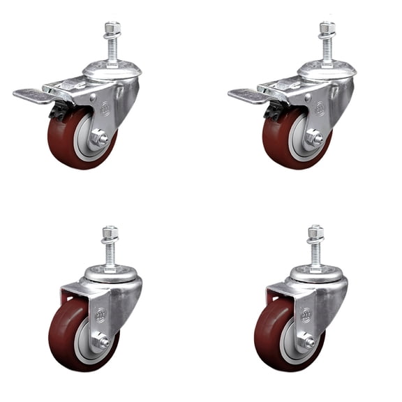 3.5 Inch SS Maroon Poly 3/8 Inch Threaded Stem Caster Set 2 Total Lock Brake SCC