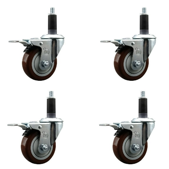 3.5 Inch SS Maroon Poly Swivel 1-1/8 Inch Expanding Stem Caster Set Brake