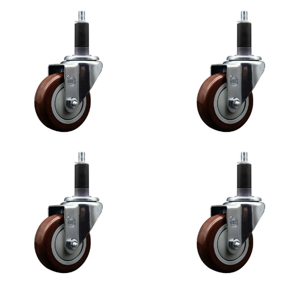 3.5 Inch SS Maroon Poly Wheel Swivel 1-1/8 Inch Expanding Stem Caster Set SCC