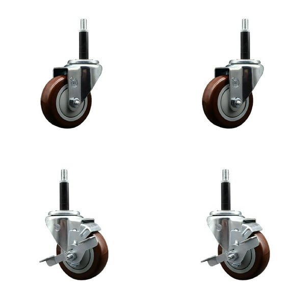 3.5 Inch SS Maroon Poly Wheel Swivel 3/4 Inch Expanding Stem Caster Set 2 Brakes