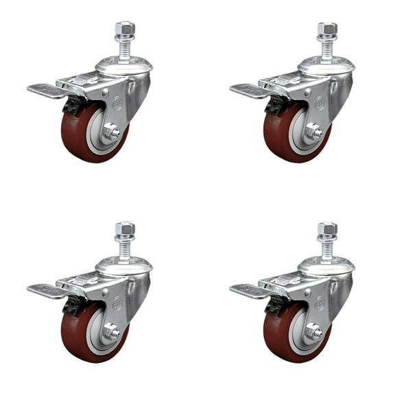 3.5 Inch SS Maroon Polyurethane ½ Inch Threaded Stem Caster Set Total Lock Brake