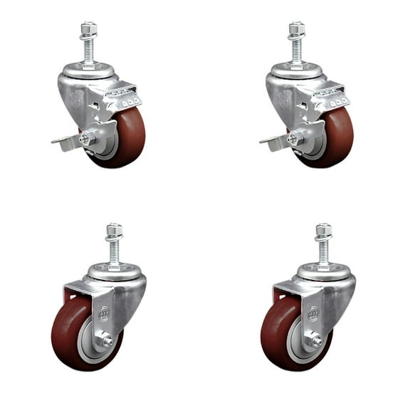 3.5 Inch SS Maroon Polyurethane Swivel 10mm Threaded Stem Caster Set 2 Brake