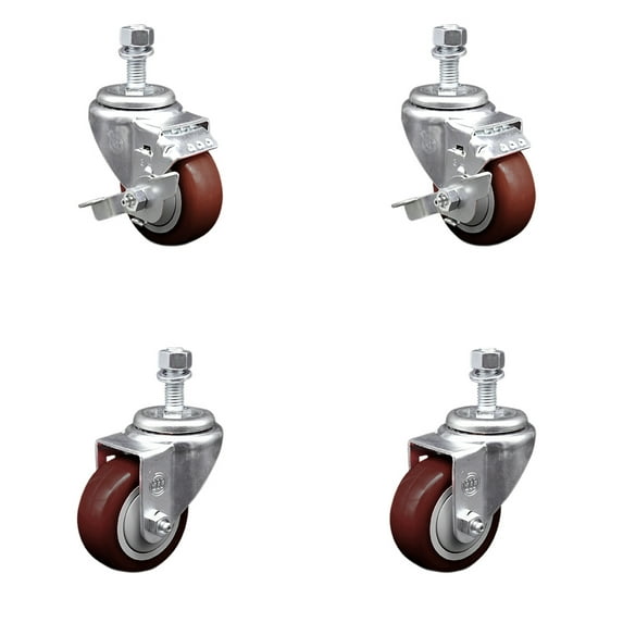 3.5 Inch SS Maroon Polyurethane Swivel 12mm Threaded Stem Caster Set 2 Brake