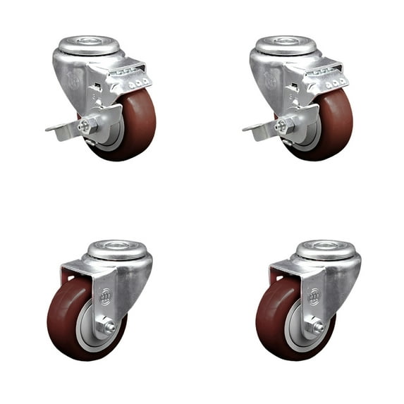 3.5 Inch SS Maroon Polyurethane Wheel Swivel Bolt Hole Caster Set with 2 Brake