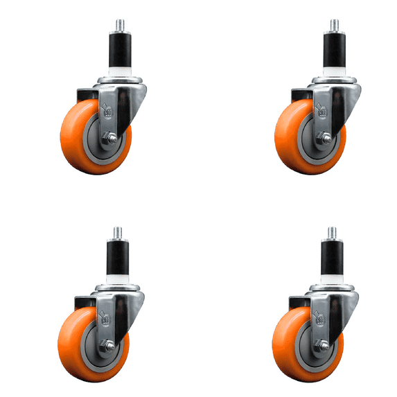 3.5 Inch SS Orange Poly Wheel Swivel 1-3/8 Inch Expanding Stem Caster Set SCC
