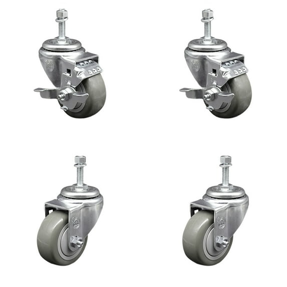 3.5 Inch SS Orange Polyurethane Swivel 3/8 Inch Threaded Stem Caster Set 2 Brake