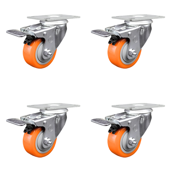 3.5 Inch SS Orange Polyurethane Top Plate Caster Set Total Lock Brake SCC