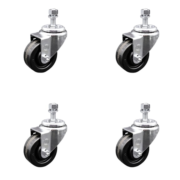 3.5 Inch SS Phenolic Wheel Swivel 10mm Threaded Stem Caster Set SCC