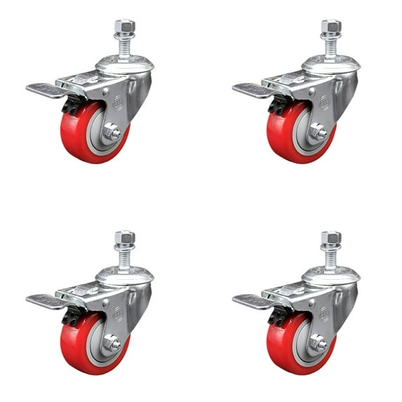 3.5 Inch SS Red Polyurethane ½ Inch Threaded Stem Caster Set Total Lock Brake
