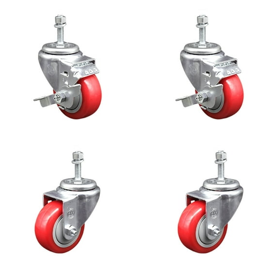 3.5 Inch SS Red Polyurethane Swivel 10mm Threaded Stem Caster Set 2 Brakes