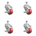 thumbnail image 1 of 3.5 Inch SS Red Polyurethane Swivel ½ Inch Threaded Stem Caster Set Brake SCC, 1 of 2