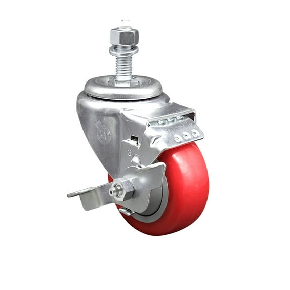 3.5 Inch SS Red Polyurethane Swivel ½ Inch Threaded Stem Caster with Brake SCC
