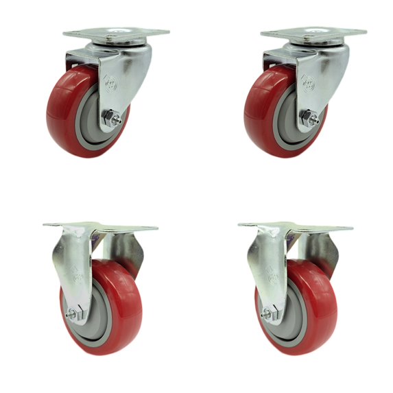 3.5 Inch SS Red Polyurethane Swivel Top Plate Caster Set with 2 Rigid SCC