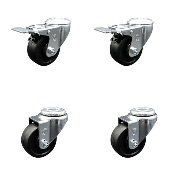 3.5 Inch SS Soft Rubber Swivel Bolt Hole Caster Set with 2 Total Lock Brake SCC