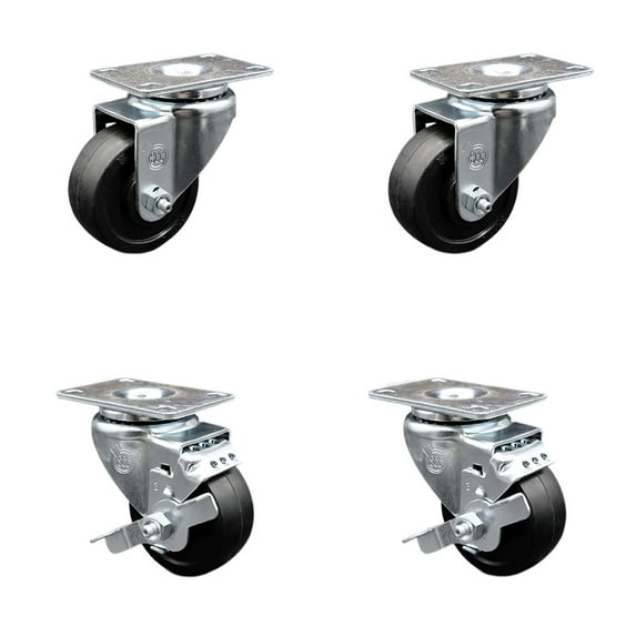 3.5 Inch SS Soft Rubber Wheel Swivel Top Plate Caster Set with 2 Brakes SCC