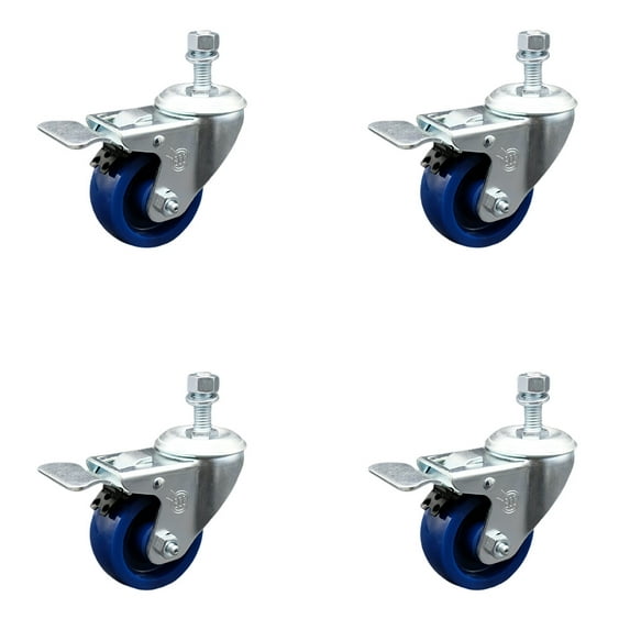 3.5 Inch SS Solid Poly 3/8 Inch Threaded Stem Caster Set Total Lock Brake SCC