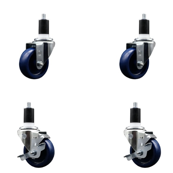 3.5” SS Solid Poly Wheel Swivel 1-1/2 Inch Expanding Stem Caster Set 2 Brakes